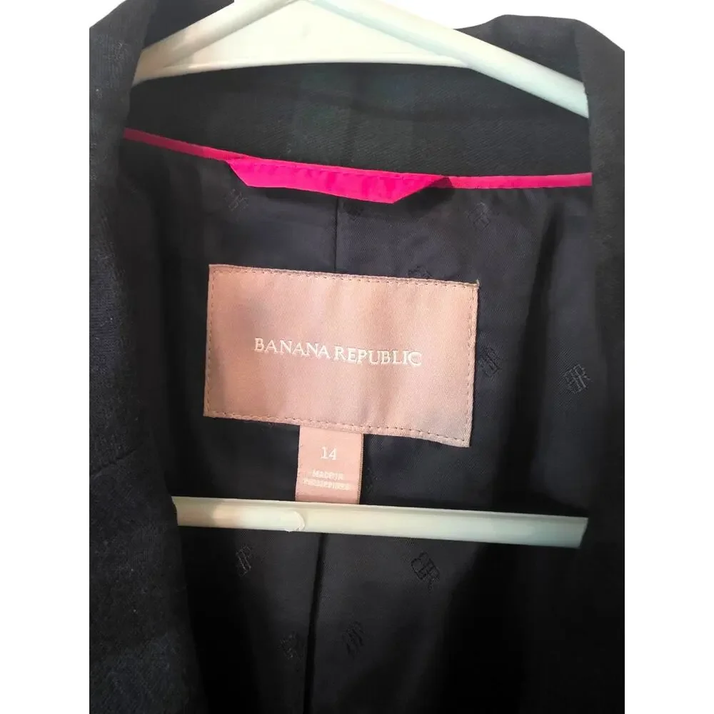 Banana Republic Womens Tartan Plaid Blazer Plus Size 14 Black Green Workwear